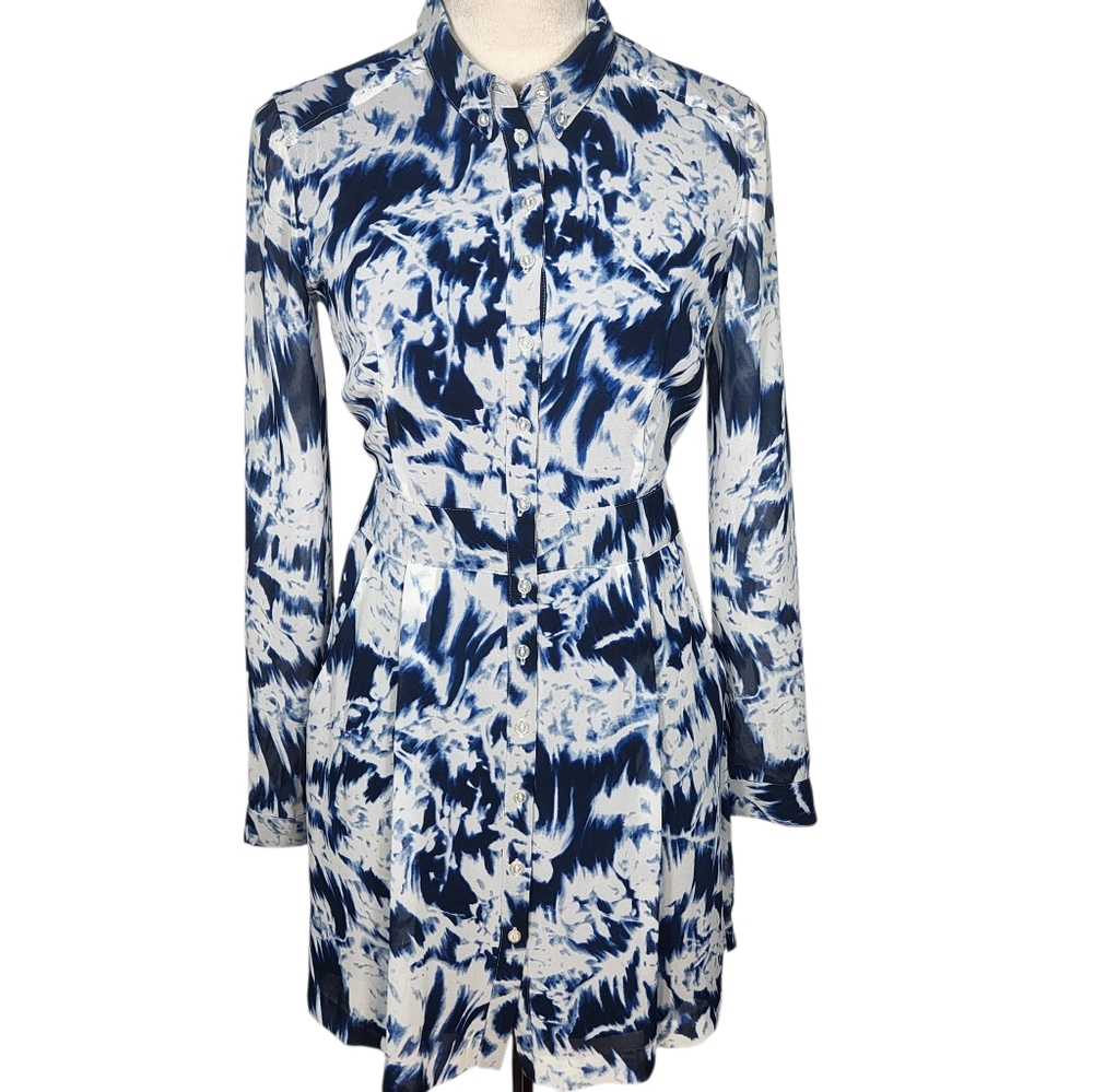 Guess Blue/White Tie Dye Long Sleeve Button Front Dress Size Small Lined Collar